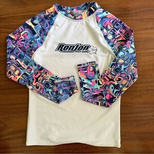 Ron Jon surf shop beach girls neon hibiscus long sleeve rash guard Sz L